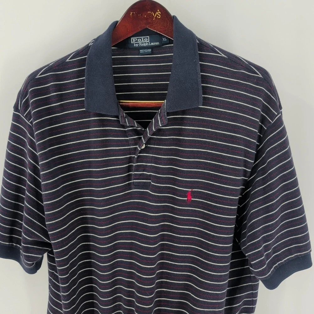 Vintage Polo By Ralph Lauren Striped Classic Golf Polo Shirt Navy Blue Size‎ XL